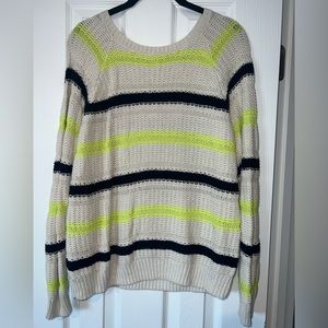 Forever 21 Stripe Cable Knit Sweater Navy And Chartreuse